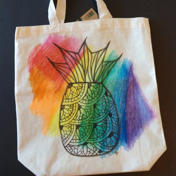 Hand Crafted Handbags - Handmade Reusable Tote Bag With Hand Painted Rainbow Pineapple Artwork 15x16x4